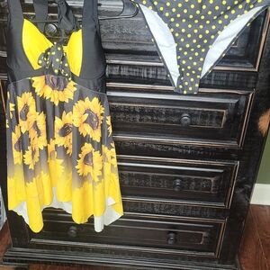 Sunflower Print Swim Dress and Polka Dot Bikini Set
